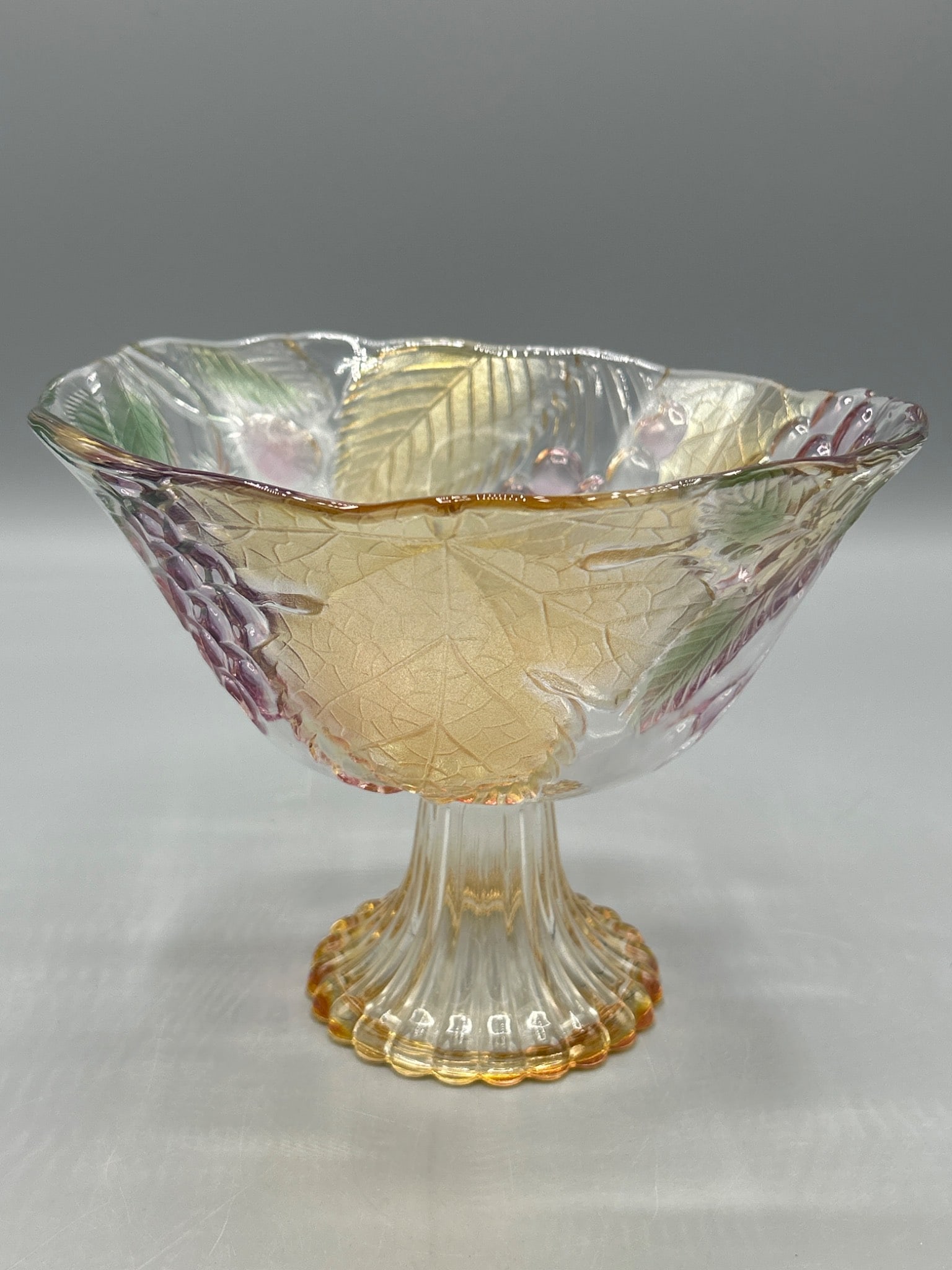 Pressed Glass Compote With Grapevine and Leaf Design - Multicolor Accents - 2
