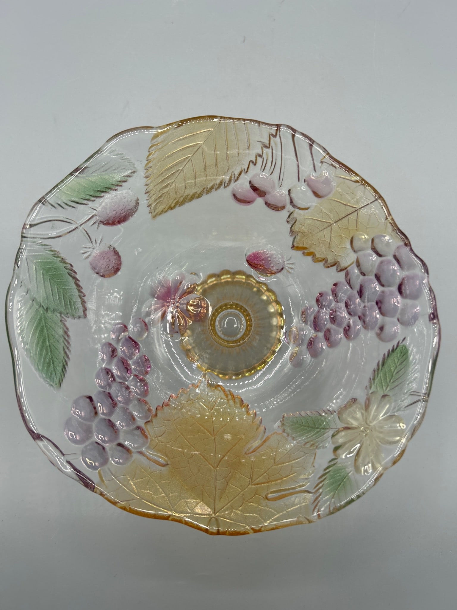 Pressed Glass Compote With Grapevine and Leaf Design - Multicolor Accents - 3