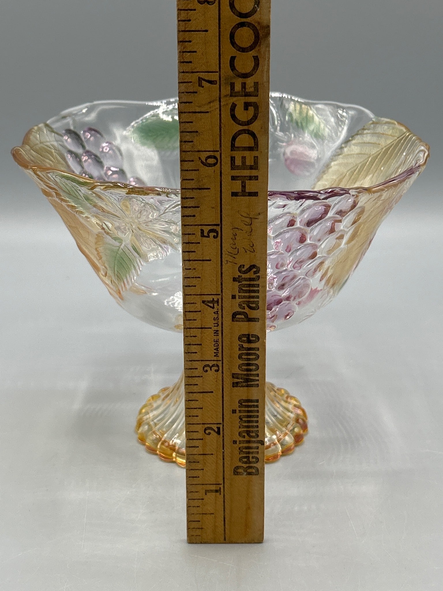 Pressed Glass Compote With Grapevine and Leaf Design - Multicolor Accents - 6