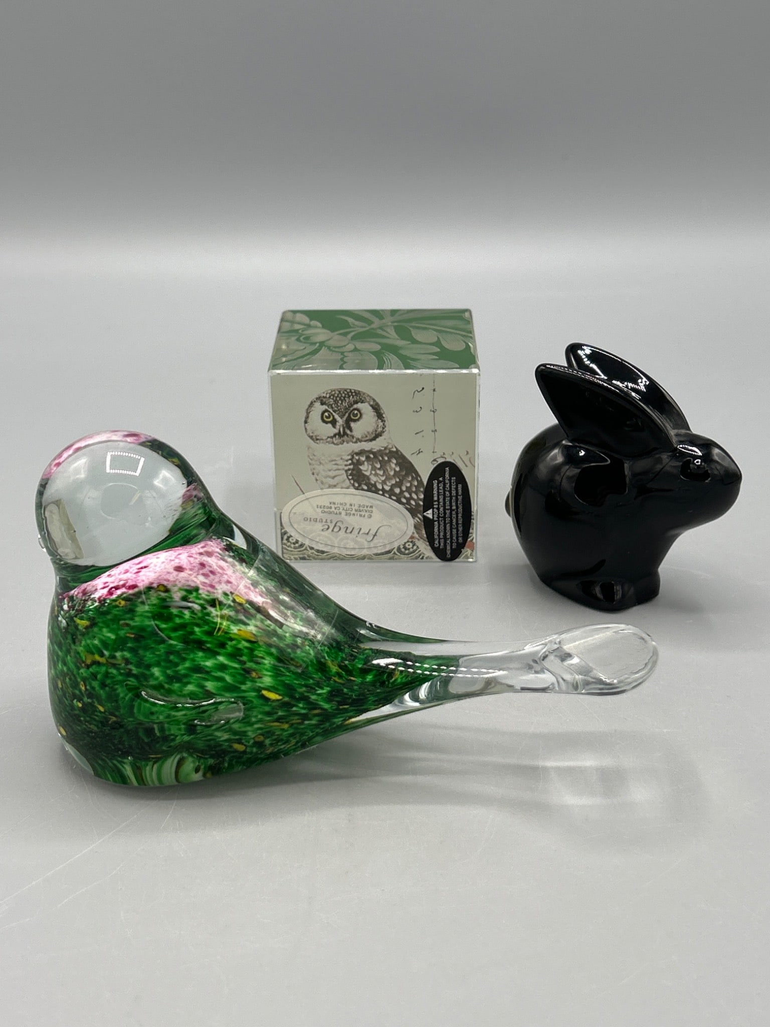 Glass Paperweights Including Green Bird and Black Rabbit with Fringe Studio Cube (1 of 7)