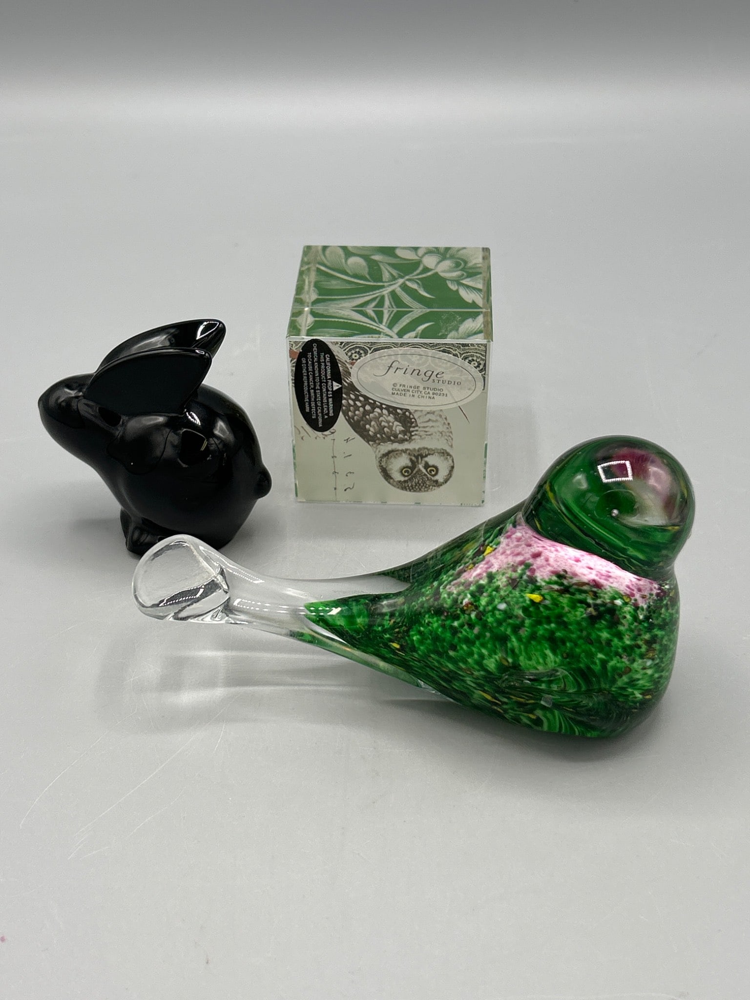 Glass Paperweights Including Green Bird and Black Rabbit with Fringe Studio Cube - 2