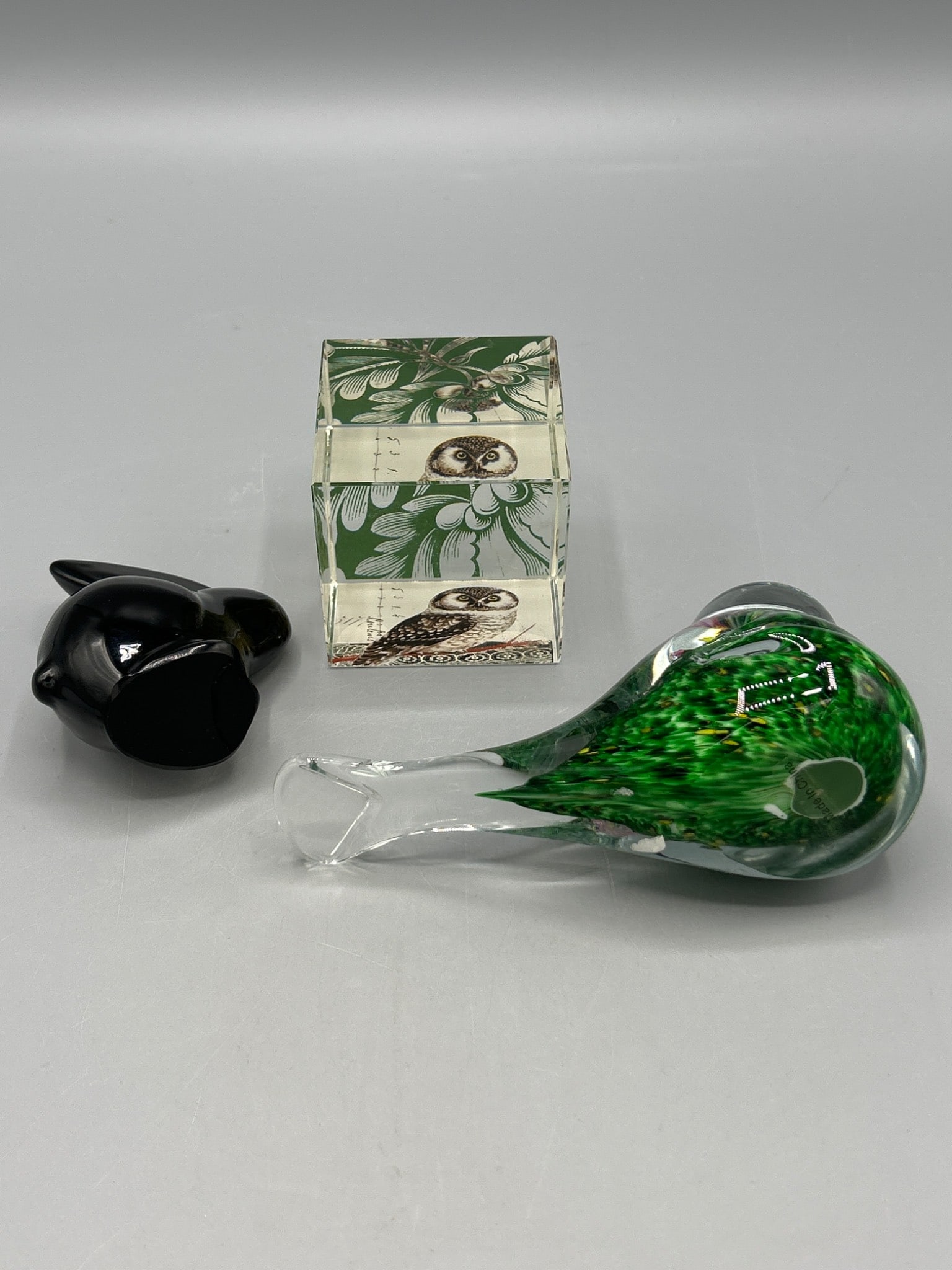 Glass Paperweights Including Green Bird and Black Rabbit with Fringe Studio Cube - 4