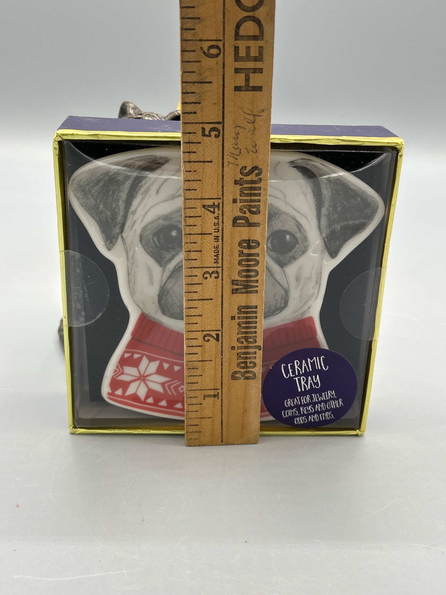 3 Home Decor Items: Levenger Tiger Holder, Yellow Glass Jar, and Ceramic Pug Tray - 11