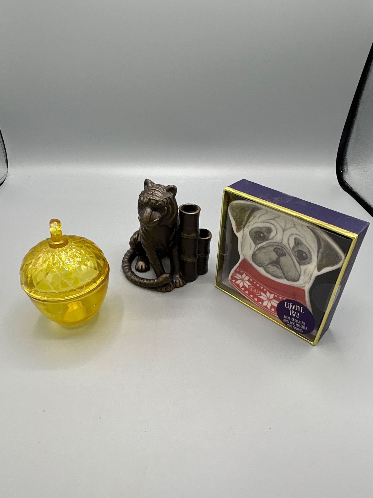 3 Home Decor Items: Levenger Tiger Holder, Yellow Glass Jar, and Ceramic Pug Tray (1 of 11)