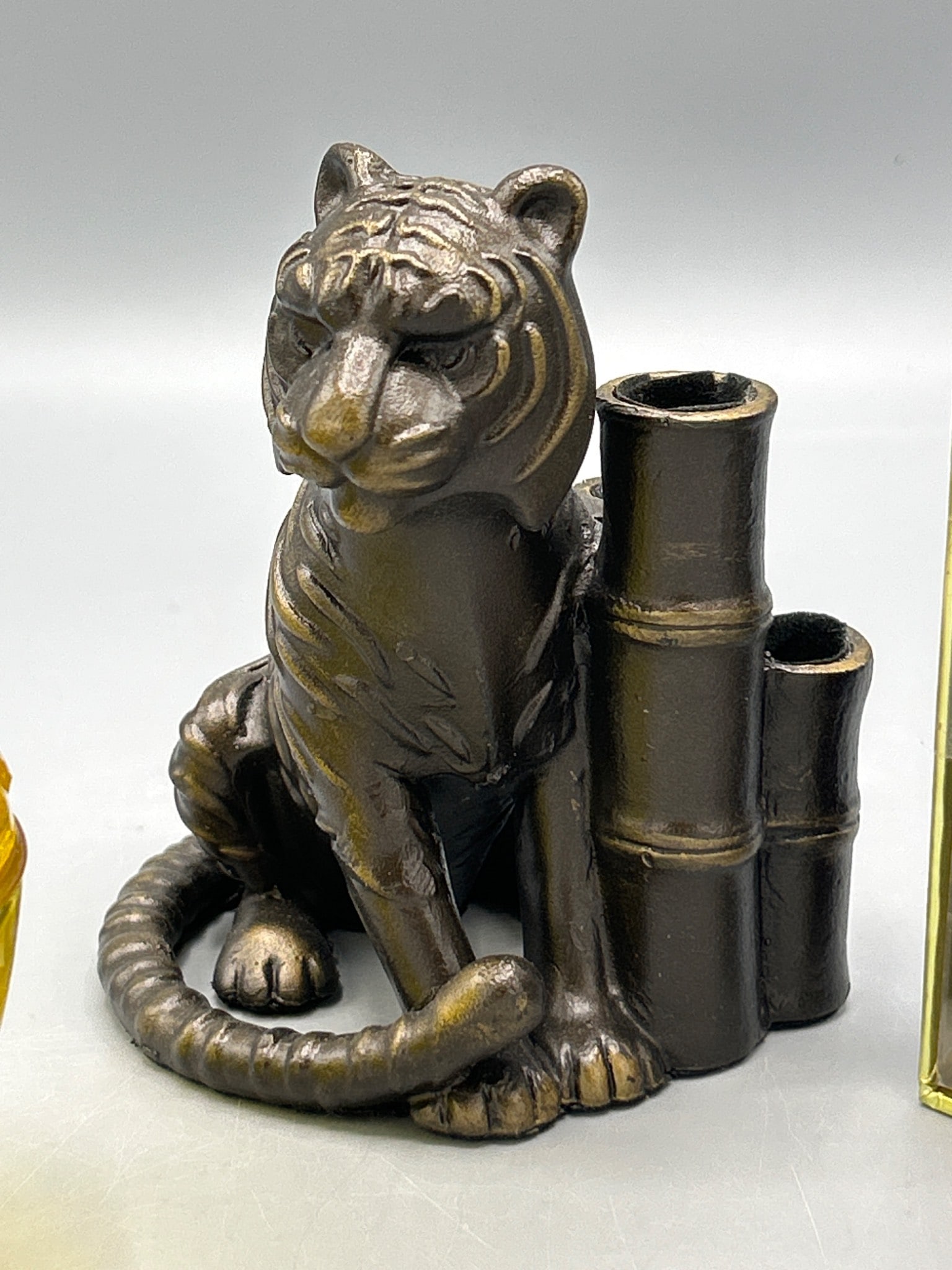 3 Home Decor Items: Levenger Tiger Holder, Yellow Glass Jar, and Ceramic Pug Tray - 3