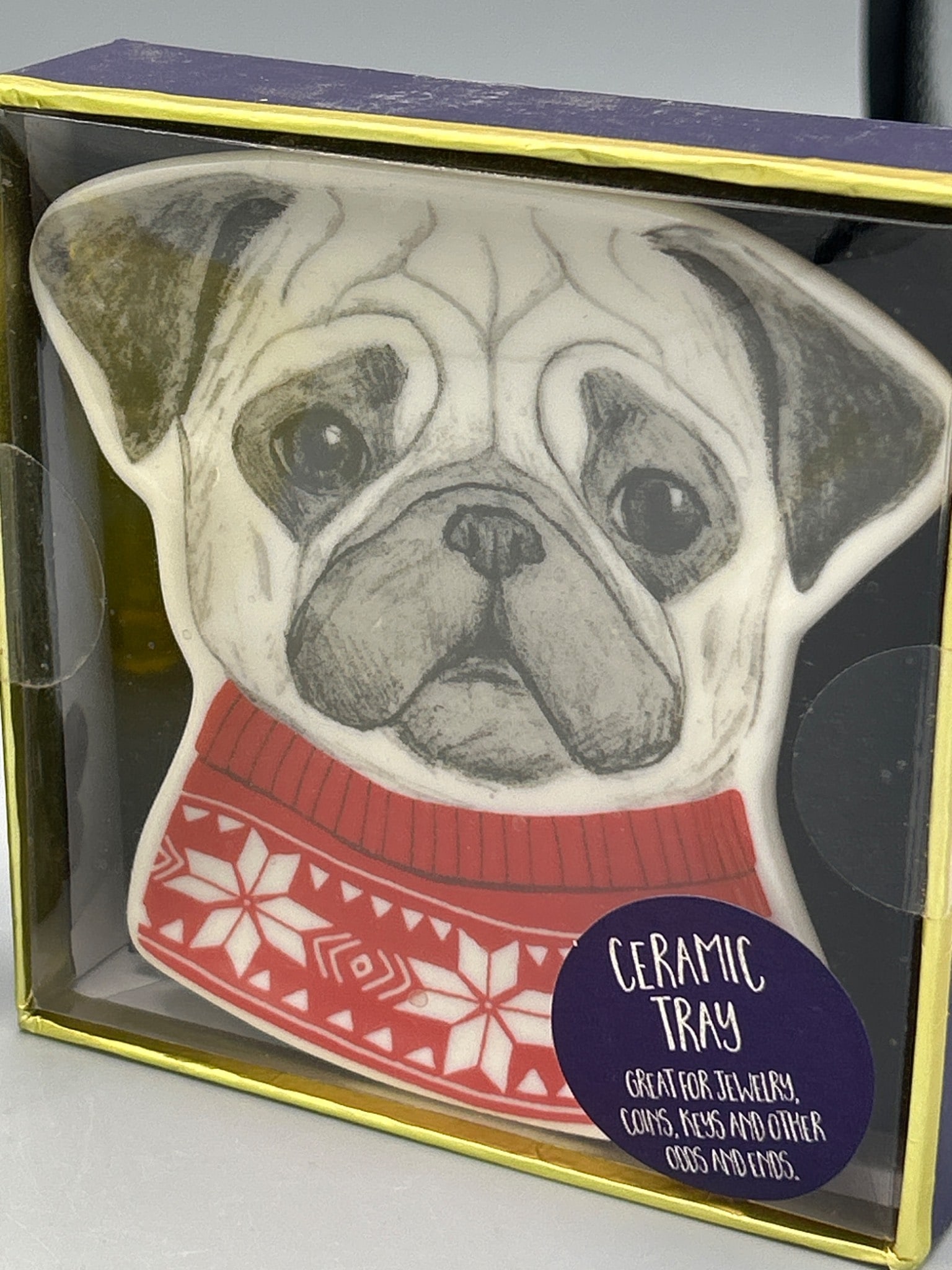 3 Home Decor Items: Levenger Tiger Holder, Yellow Glass Jar, and Ceramic Pug Tray - 4