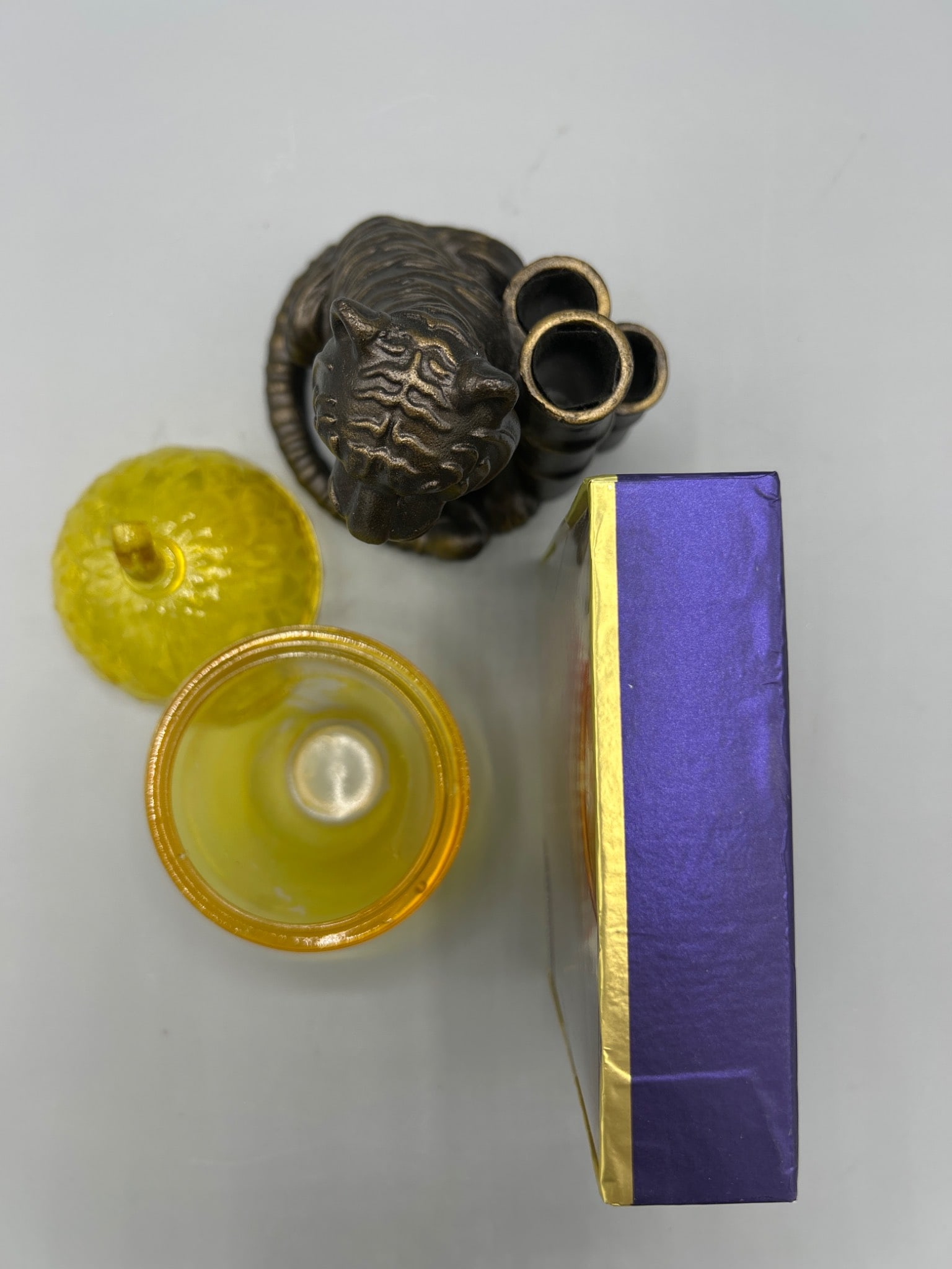 3 Home Decor Items: Levenger Tiger Holder, Yellow Glass Jar, and Ceramic Pug Tray - 5