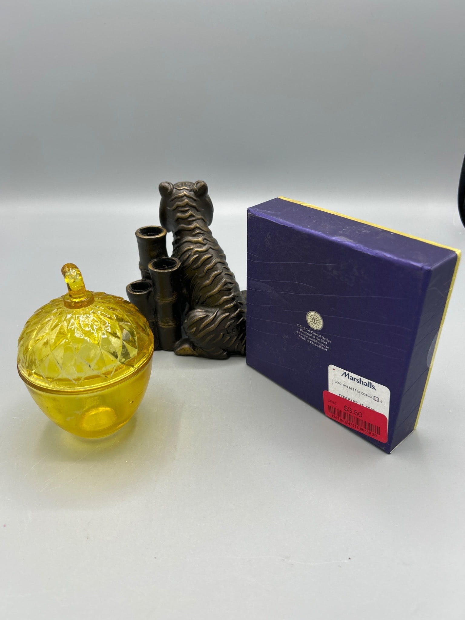 3 Home Decor Items: Levenger Tiger Holder, Yellow Glass Jar, and Ceramic Pug Tray - 6