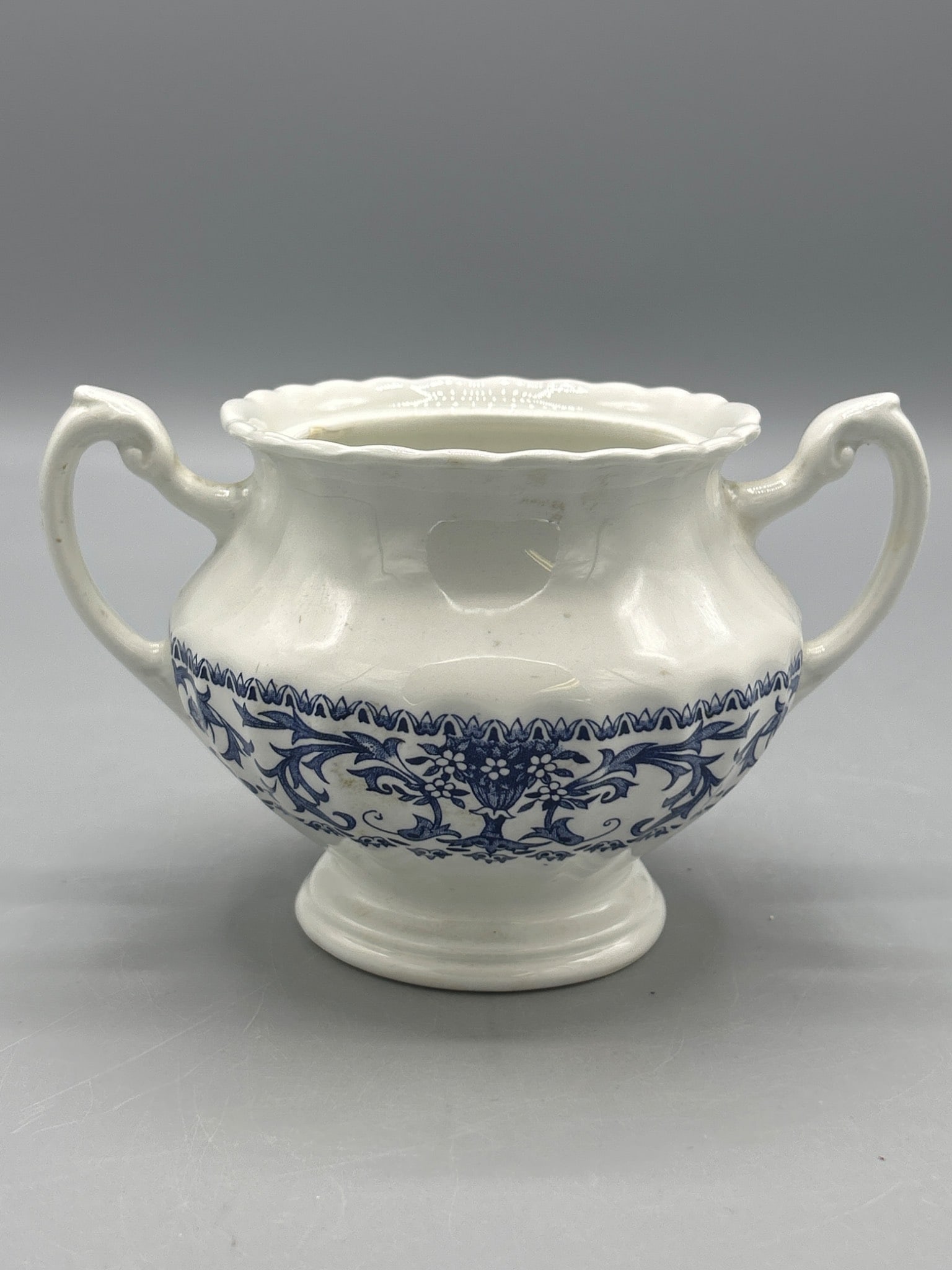 J&G Meakin England Blue and White Ceramic Sugar Bowl with Handles - 2