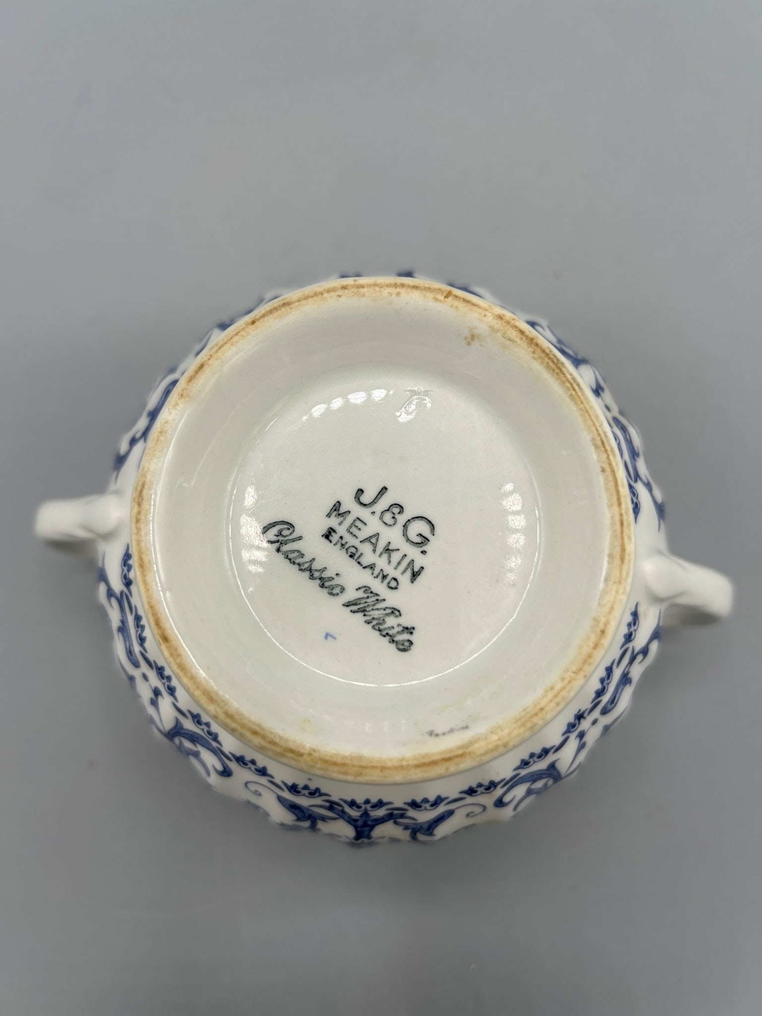 J&G Meakin England Blue and White Ceramic Sugar Bowl with Handles - 4