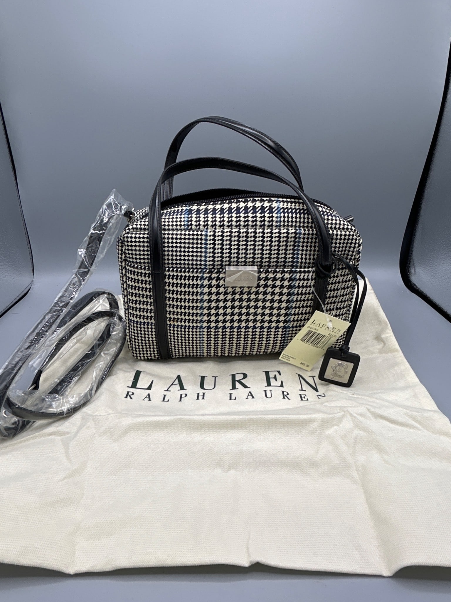 Lauren Ralph Lauren Houndstooth Crossbody Bag, Brand New with Tags: This Lauren Ralph Lauren crossbody bag features a houndstooth pattern with blue accents. Model number HQGN3 in Blue, it includes a zip closure, adjustable strap, and top handles. The bag is still in