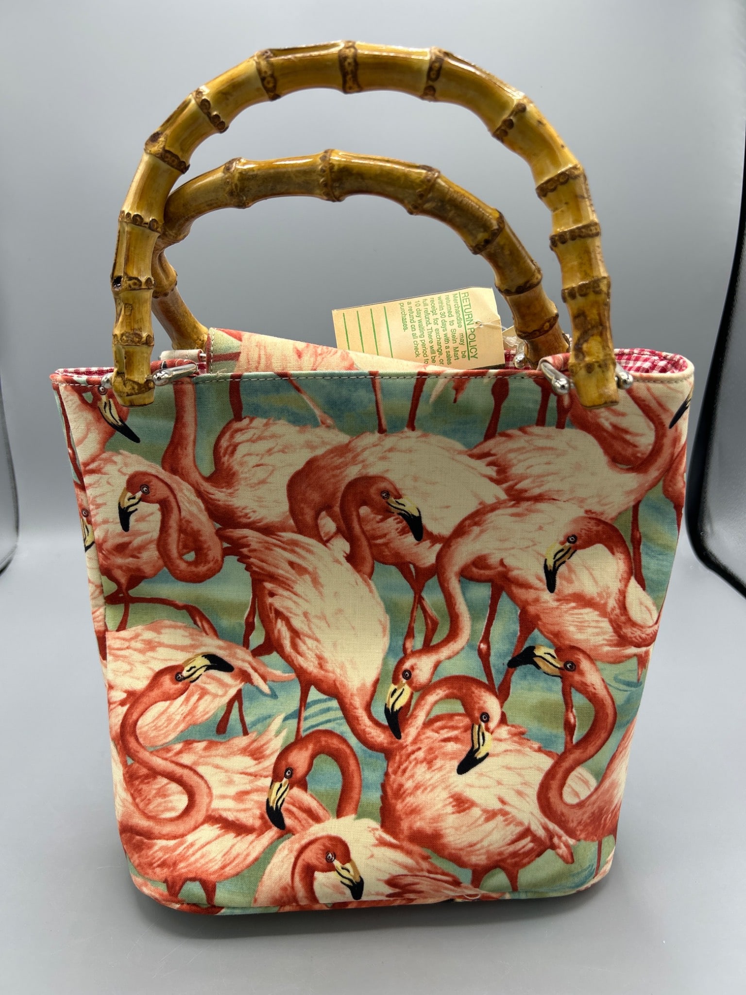 Celebrity Flamingo Print Bag with Bamboo Handles - 4