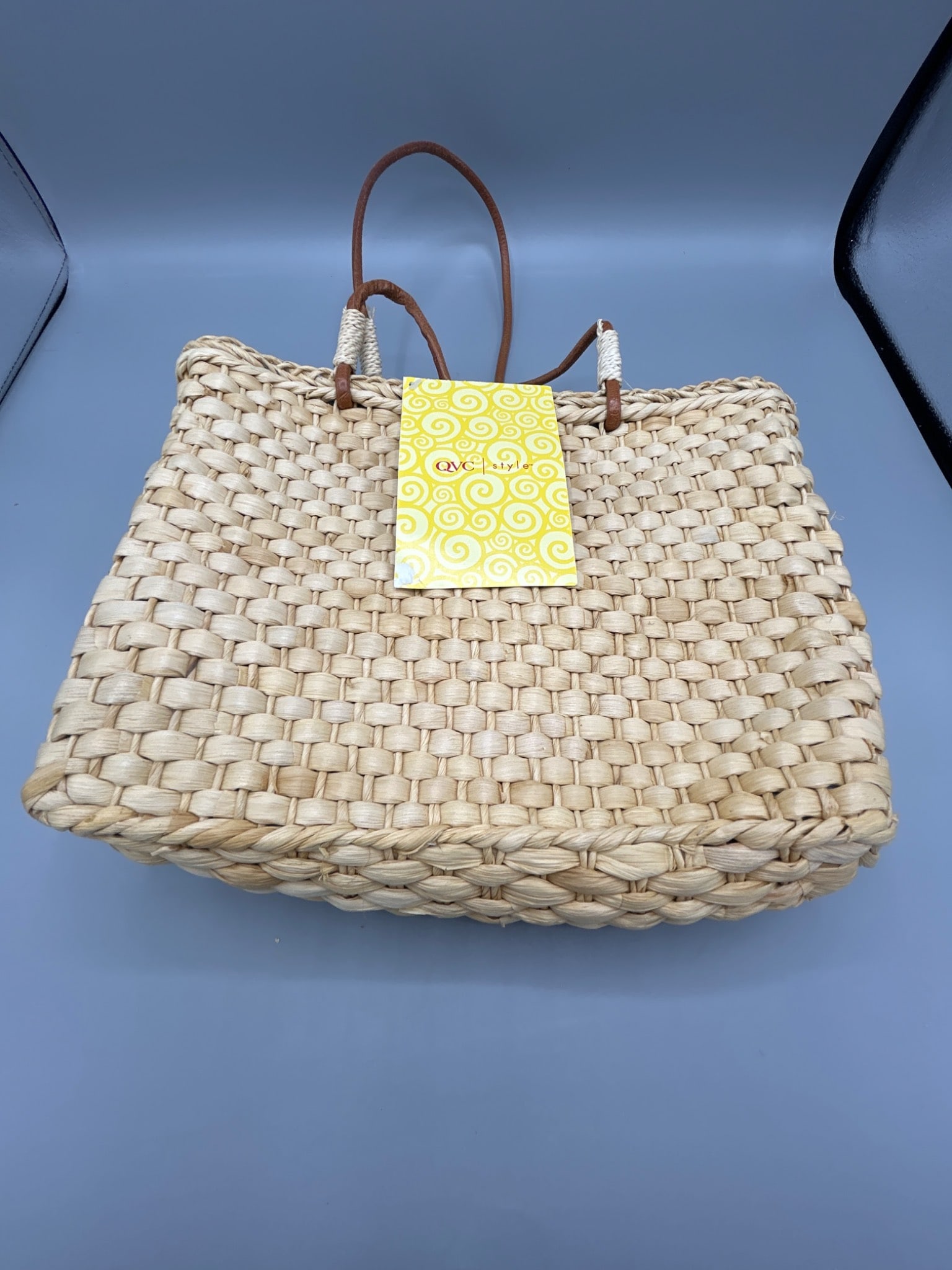 Woven Straw Tote Bag with Embroidered Design and QVC Tag - 2