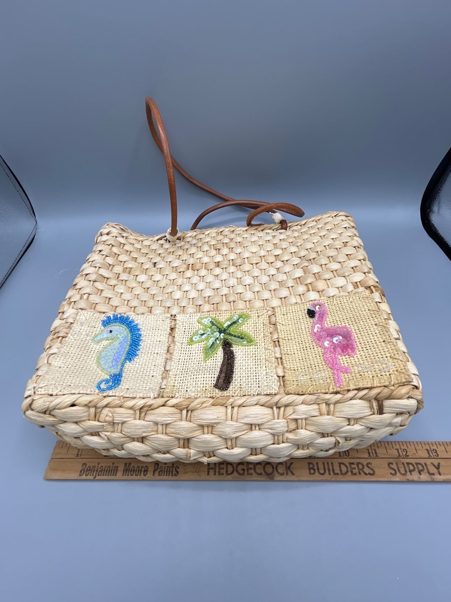 Woven Straw Tote Bag with Embroidered Design and QVC Tag - 6