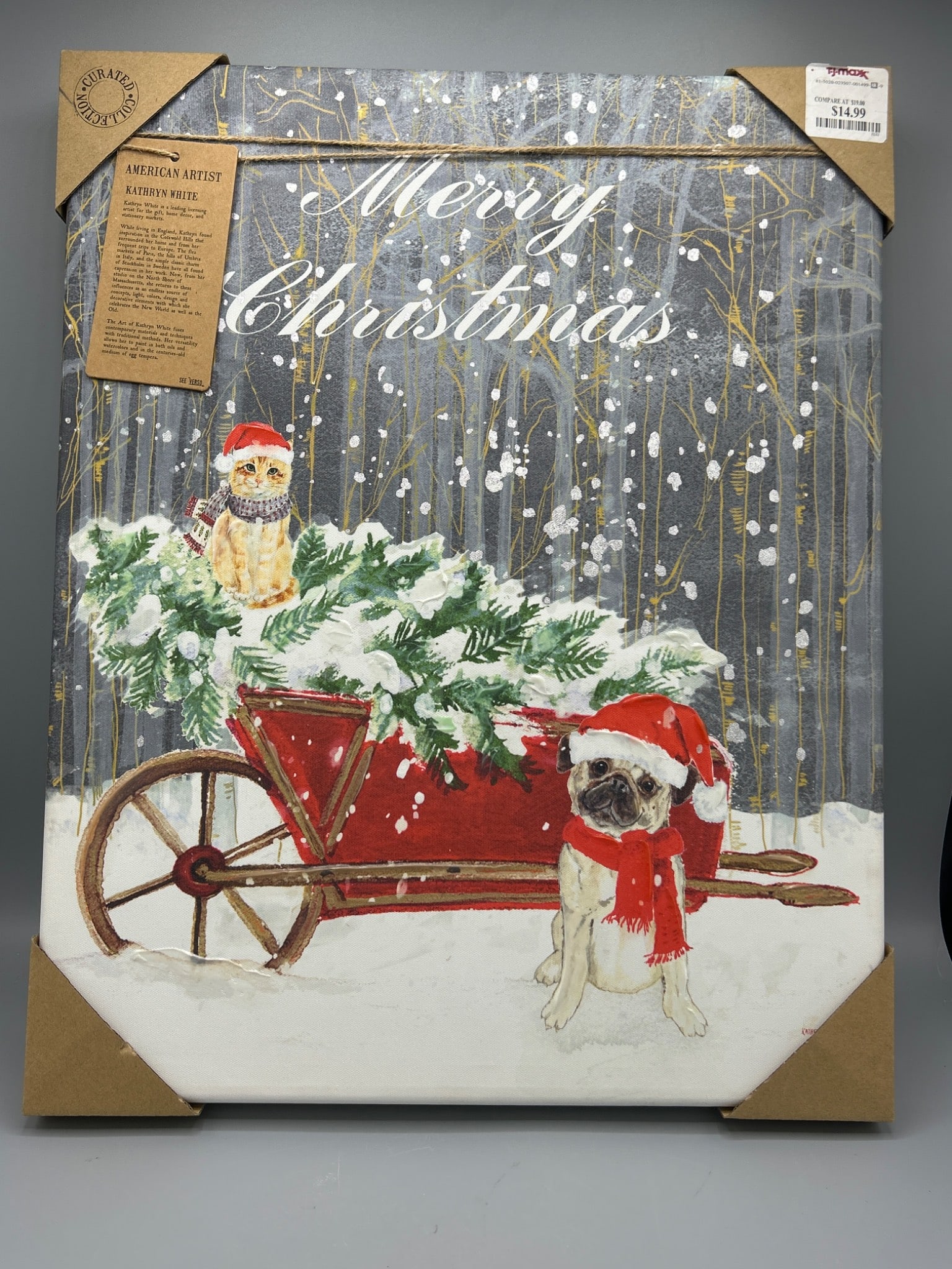 Signed Kathryn White Christmas-Themed Hand-Stretched Canvas Art: A hand-stretched canvas artwork by American artist Kathryn White, featuring a Christmas-themed design. The piece measures 20 inches tall and 15 1/2 inches wide and is embellished using