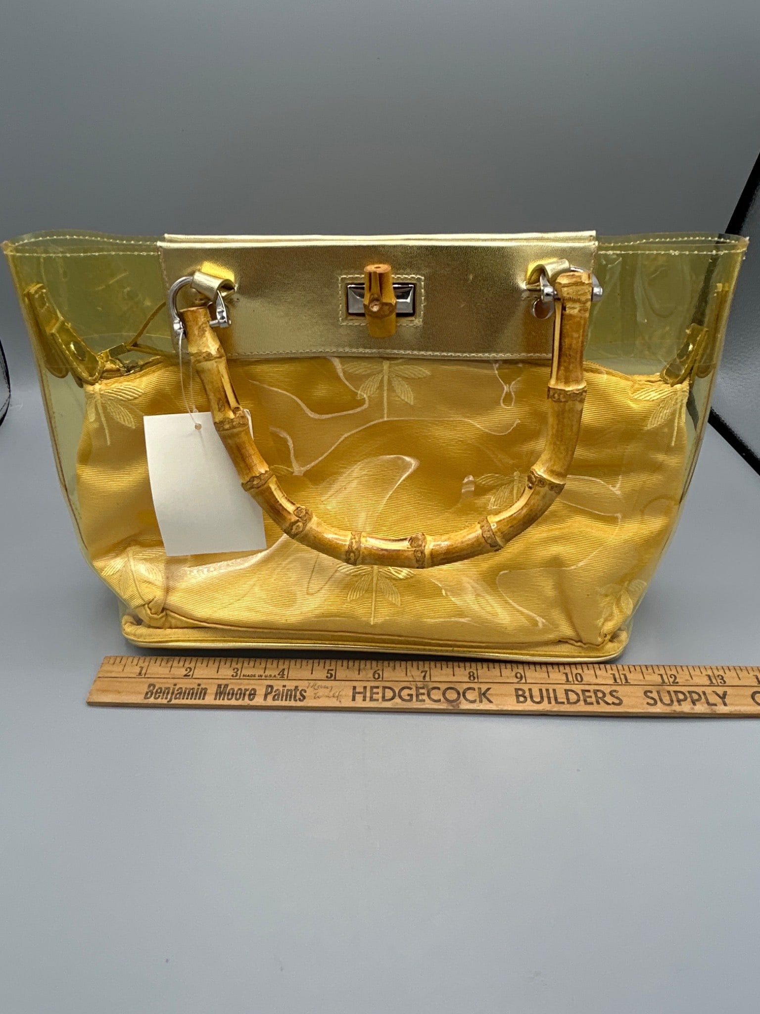 Translucent Gold Handbag With Bamboo Handles - 6