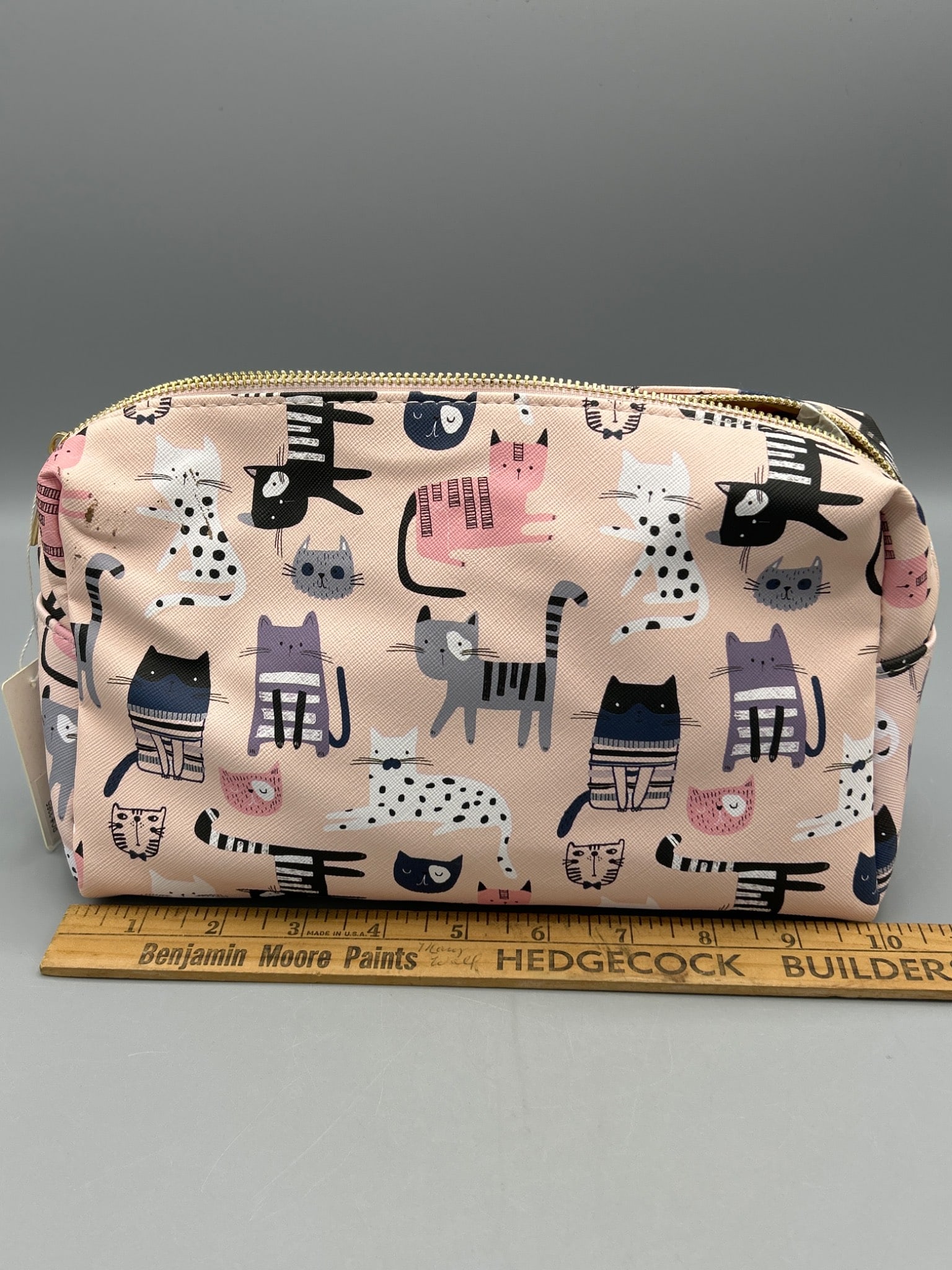 Blush Crush Make-Up Bag with Cat Print, Brand New, Never Used: Blush Crush make-up bag featuring an illustrated cat print on a pink background. Brand new and never used, with the original tag attached indicating a retail price of $7.99 (compared at $14.00). The