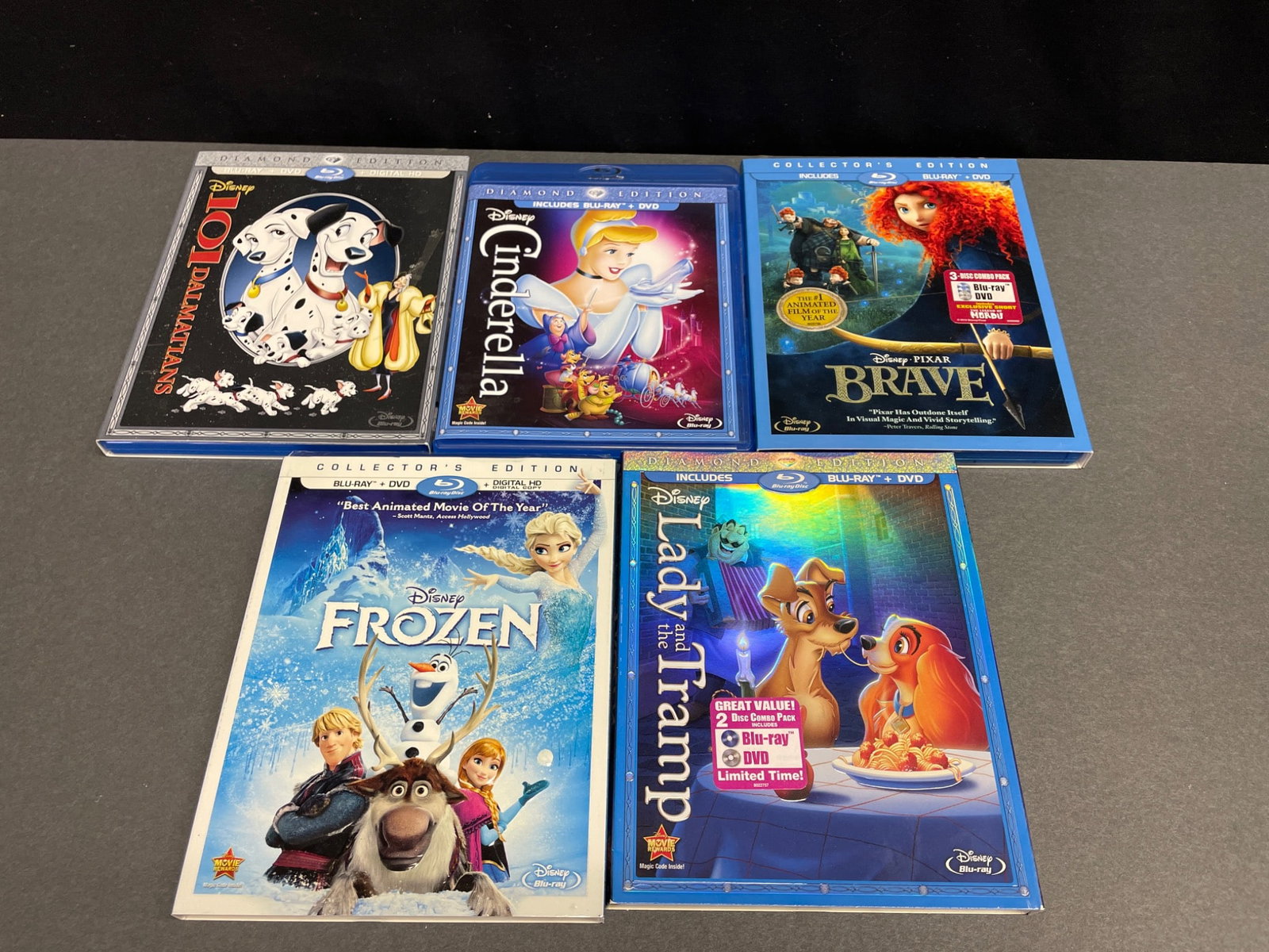 Sealed Walt Disney Blu-ray DVDs - 101 Dalmatians, Cinderella, Brave, Frozen, Lady and the Tramp: Five sealed Walt Disney Blu-ray DVDs including Diamond and Collector's Editions. Included titles: 101 Dalmatians (Diamond Edition), Cinderella (Diamond Edition), Brave (Collector's Edition), Frozen