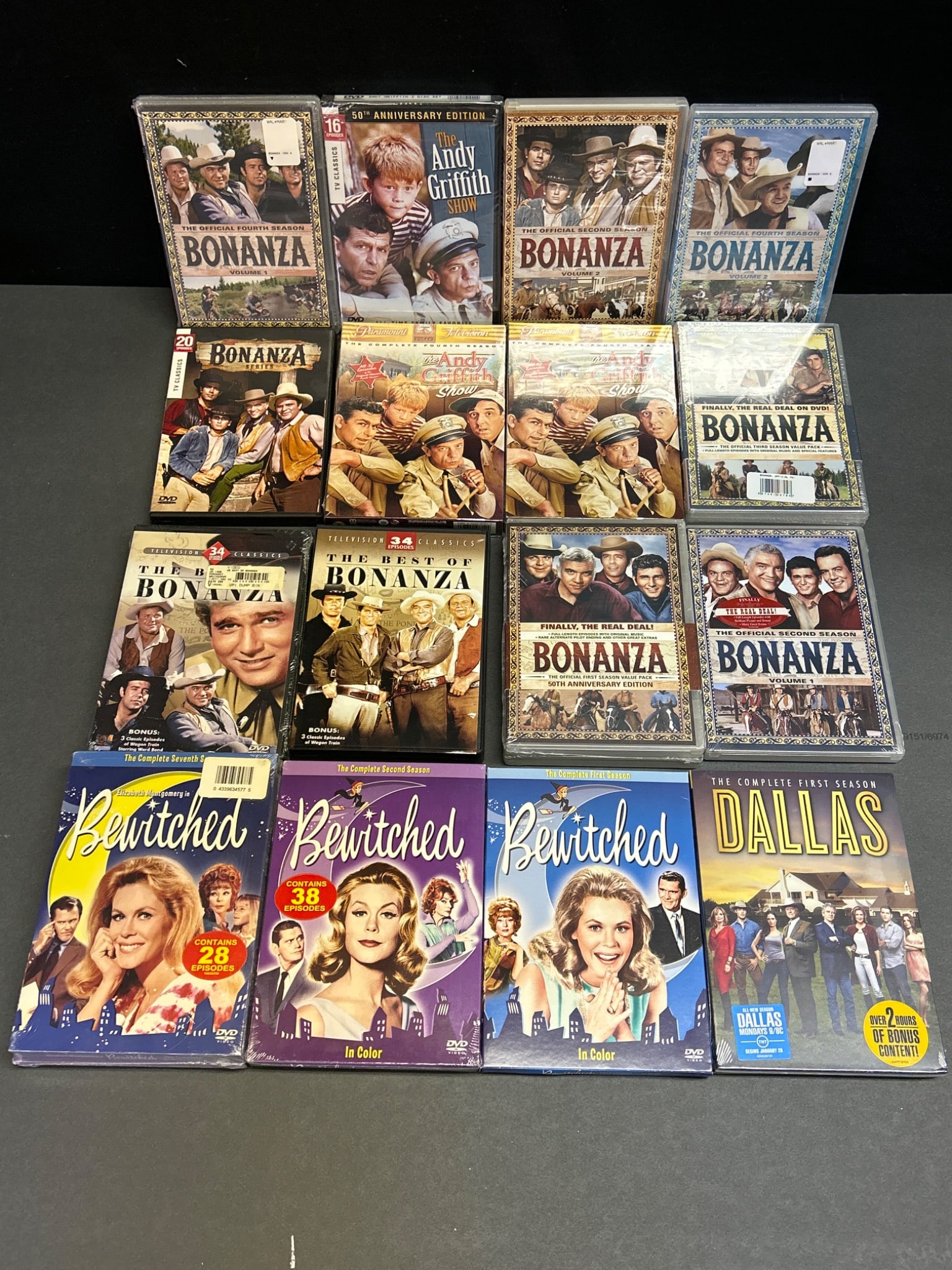 Sealed DVDs Featuring Bonanza, Andy Griffith Show, Bewitched, and Dallas: This lot includes a variety of sealed DVD sets. Titles include multiple volumes of Bonanza, The Andy Griffith Show 50th Anniversary Edition, Bewitched (seasons containing 28 and 38 episodes), and The