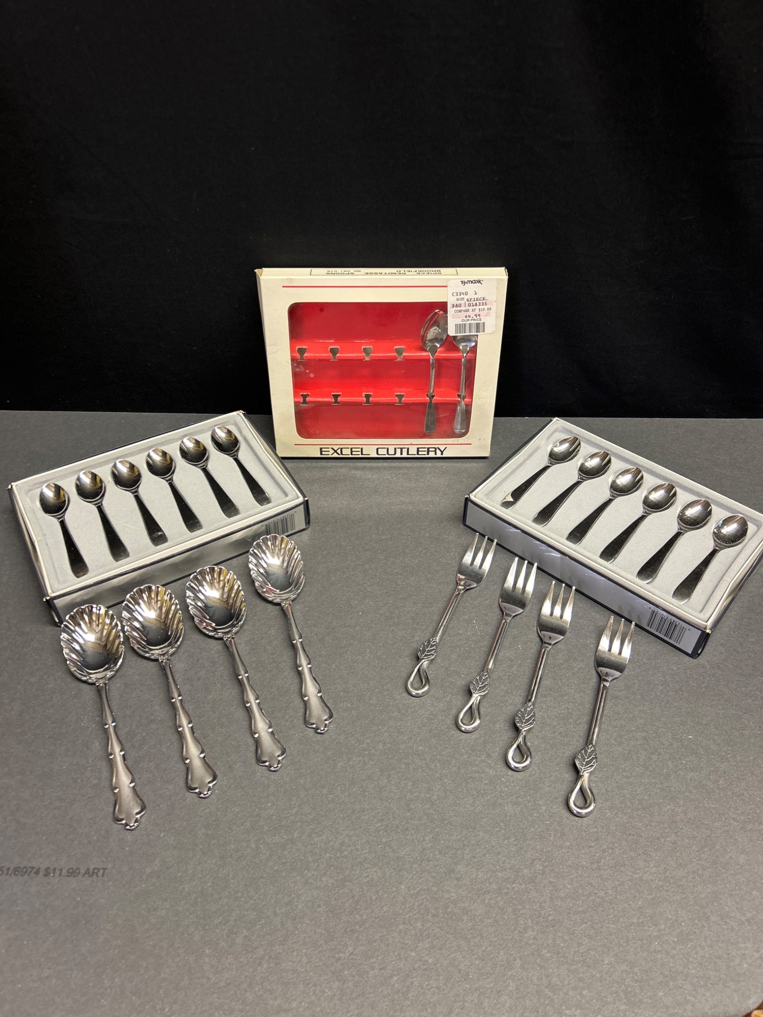 Yamazaki Tofallon and Excel Cutlery Flatware and Demitasse Spoons Sets: This lot includes Yamazaki Tofallon stainless steel flatware featuring 4 leaf-handled dessert forks and 4 shell-designed spoons, both marked with 'Yamazaki/Tofallon Korea.' Additionally, the lot conta
