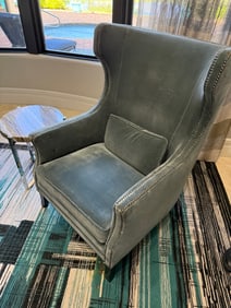 Upholstered fan  back chair blue suede