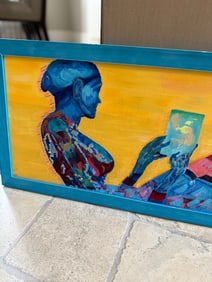 Reading with blue frame oil on canvas