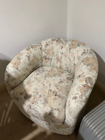 Pair of Floral Chairs with Striped Ottoman