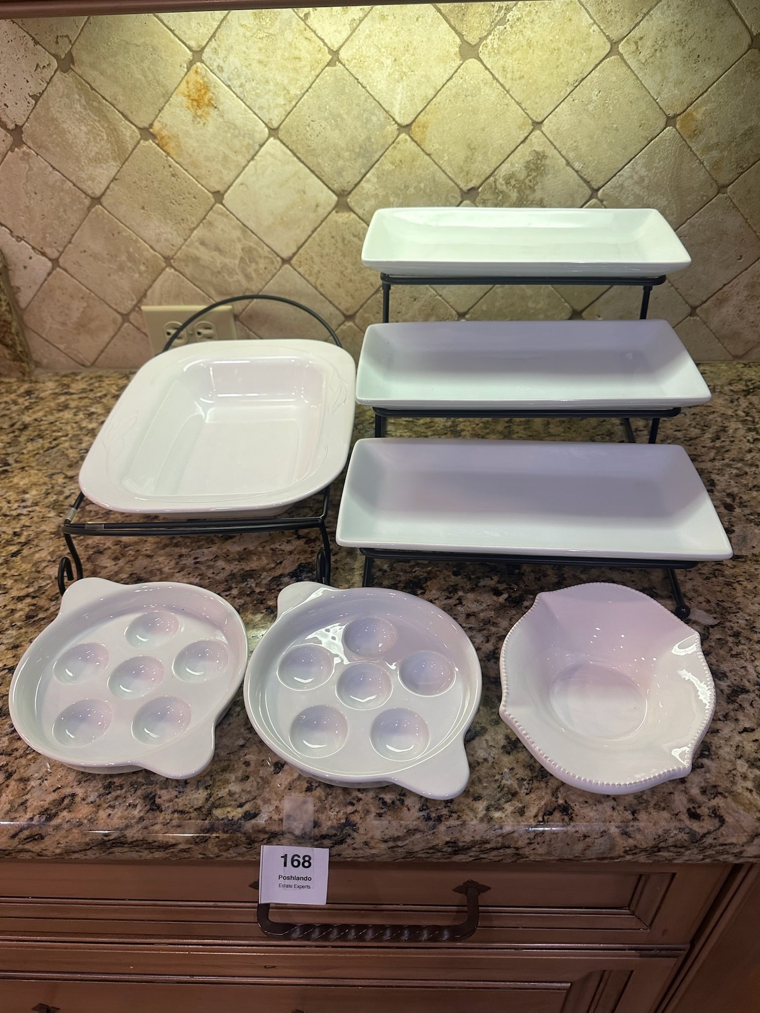 White Serveware Collection: Tiered Rectangular Trays, Baker with Stand, Escargot Dishes & Bowl (1 of 6)