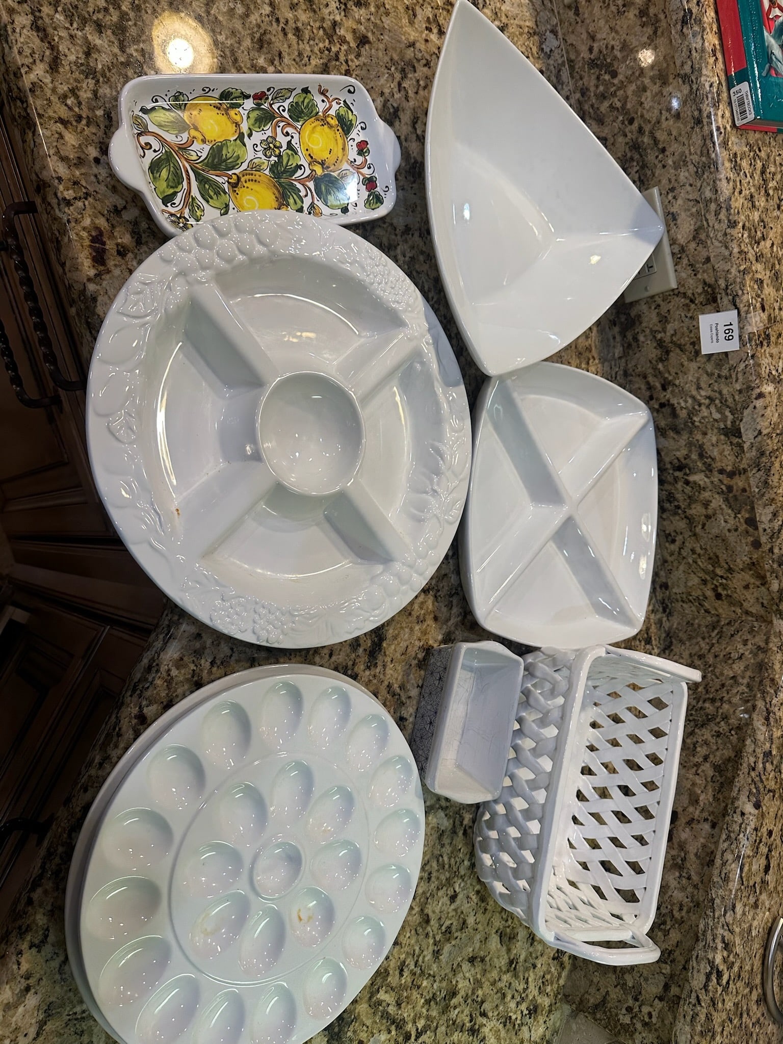 Large White Ceramic Serving Set with Tiered Racks and Bakers: Extensive collection of white ceramic serveware including rectangular bakers, serving platters, and tiered stands with black metal racks. Approx. 12 pieces total. Ideal for buffet service, entertainin