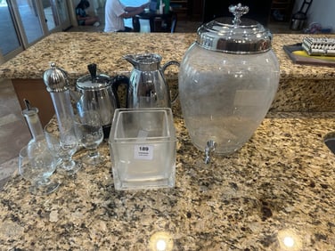 Beverage Service & Barware Lot – Glass Dispenser with Spigot, Thermal Carafes & Glassware