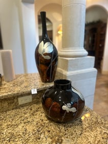 Pair of Modern Black Art Glass Vases with Silver Floral Motif