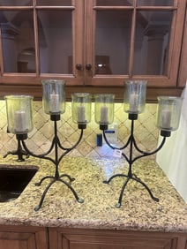 Pair of Wrought-Iron 3-Light Candelabra with Glass Hurricanes (~22" h)