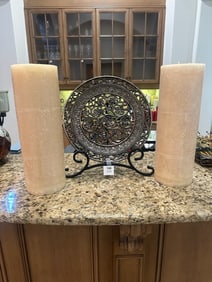 Decorative Metal Plate on Stand with Pair of Oversized Pillar Candles
