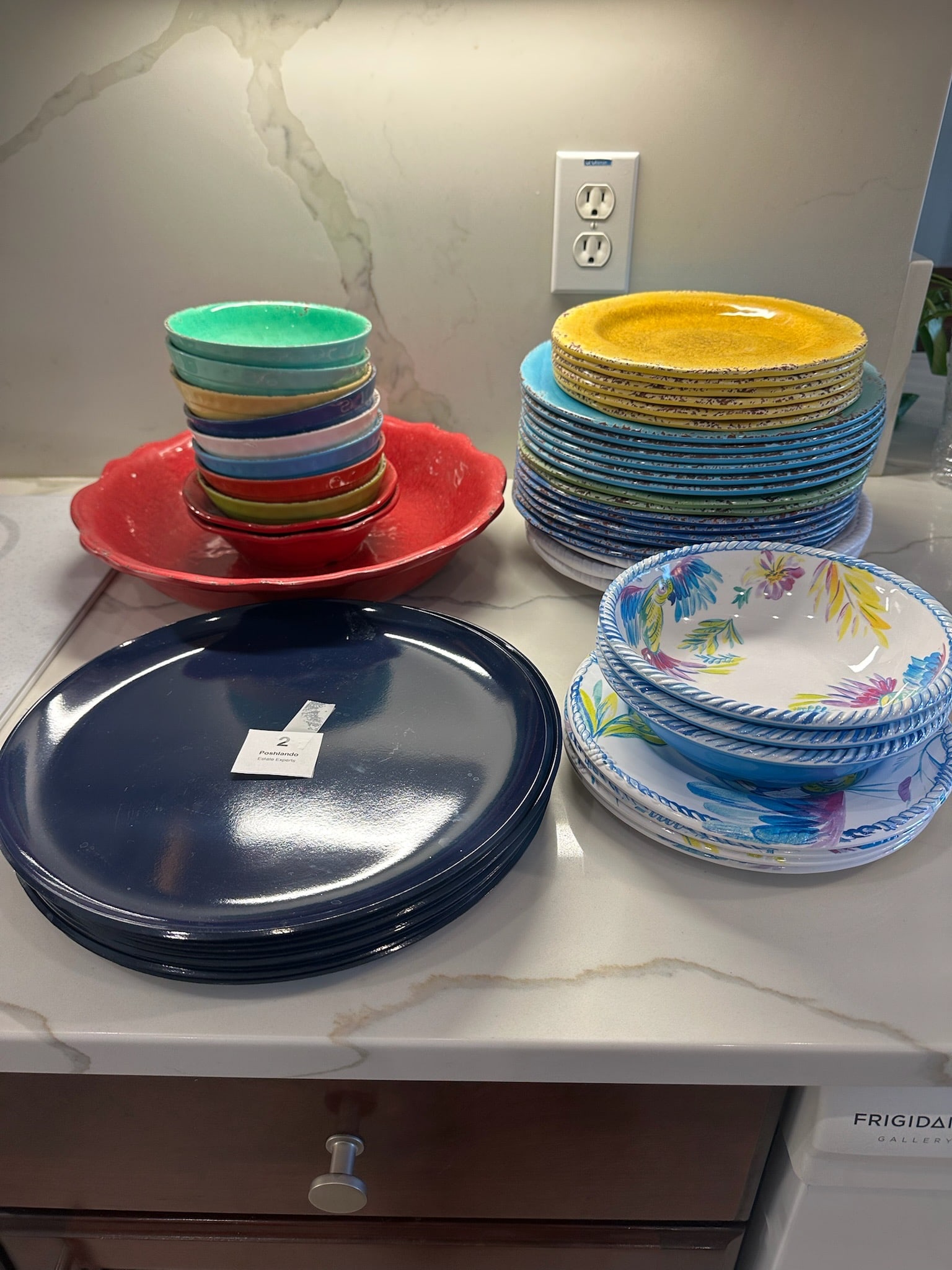 Large Assortment of Melamine Dinnerware: Colorful collection of durable melamine tableware Williams-Sonoma, Vandor Imports (San Francisco) navy blue dinner plate and more