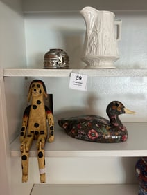 Mixed Decorative Collectibles: Articulated Doll, Floral Papier-Mâché Duck, White Relief Pitcher,
