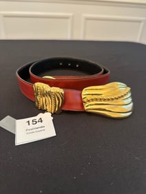Escada Red & Black Leather Belt with Gold Abstract Buckle