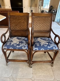 Pair of Wood & Rattan Tall Armchairs /Barstools with Upholstered Fish Motif Seats