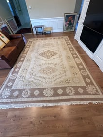 Large Neutral Hand-Knotted Wool Area Rug