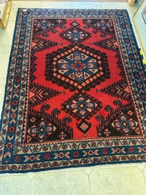 Handwoven Persian Rug, Red & Blue Geometric Medallion Design