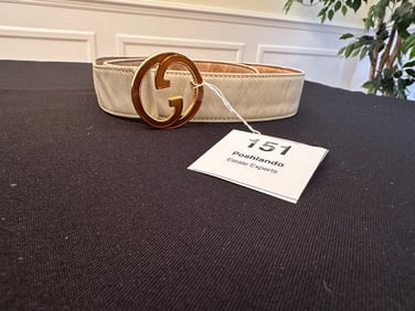 Gucci White Leather Belt with Gold-Tone “GG” Buckle