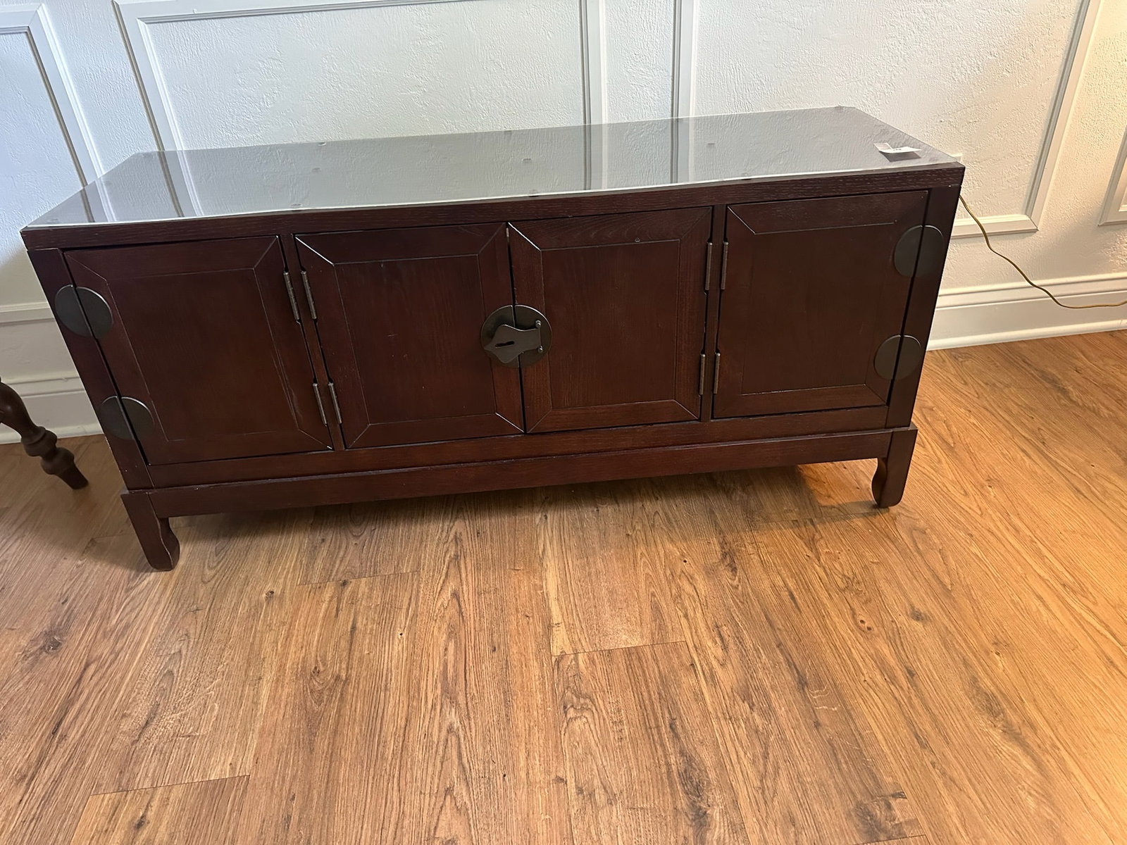 Asian-Inspired Wood Sideboard Cabinet with Glass Top (1 of 7)