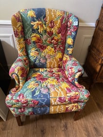 Vintage Floral Upholstered Wingback Chair – Bold Multi-Color Pattern