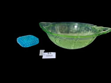 Uranium Glass Cherry Blossom Bowl & Blue Hobnail Toothpick Holder