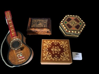 Vintage Inlaid Wooden & Spanish Guitar Music Boxes (4 pcs)