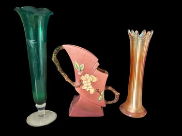 Roseville Pottery Vase & Art Glass Vases (3pc)