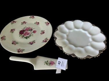 Formalities by Baum Bros Rose Porcelain Plate Set & Milk Glass Dish