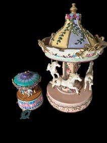 Pair of Carousel Music Boxes — Enesco “Blue Danube Waltz” & Decorative Carousel
