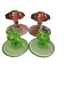 Pair of Pink Depression Glass Candlesticks & Pair of Green Uranium Glass Candlesticks