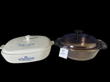 Pair of Covered Casseroles—Blue Cornflower + Amber Visions Glass