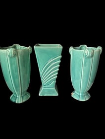 Three Green Glazed McCoy Pottery Vases
